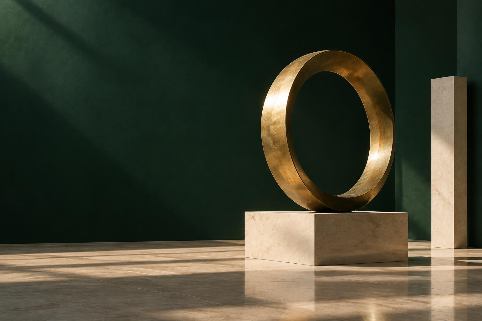 A golden circular sculpture in an emerald architectural space